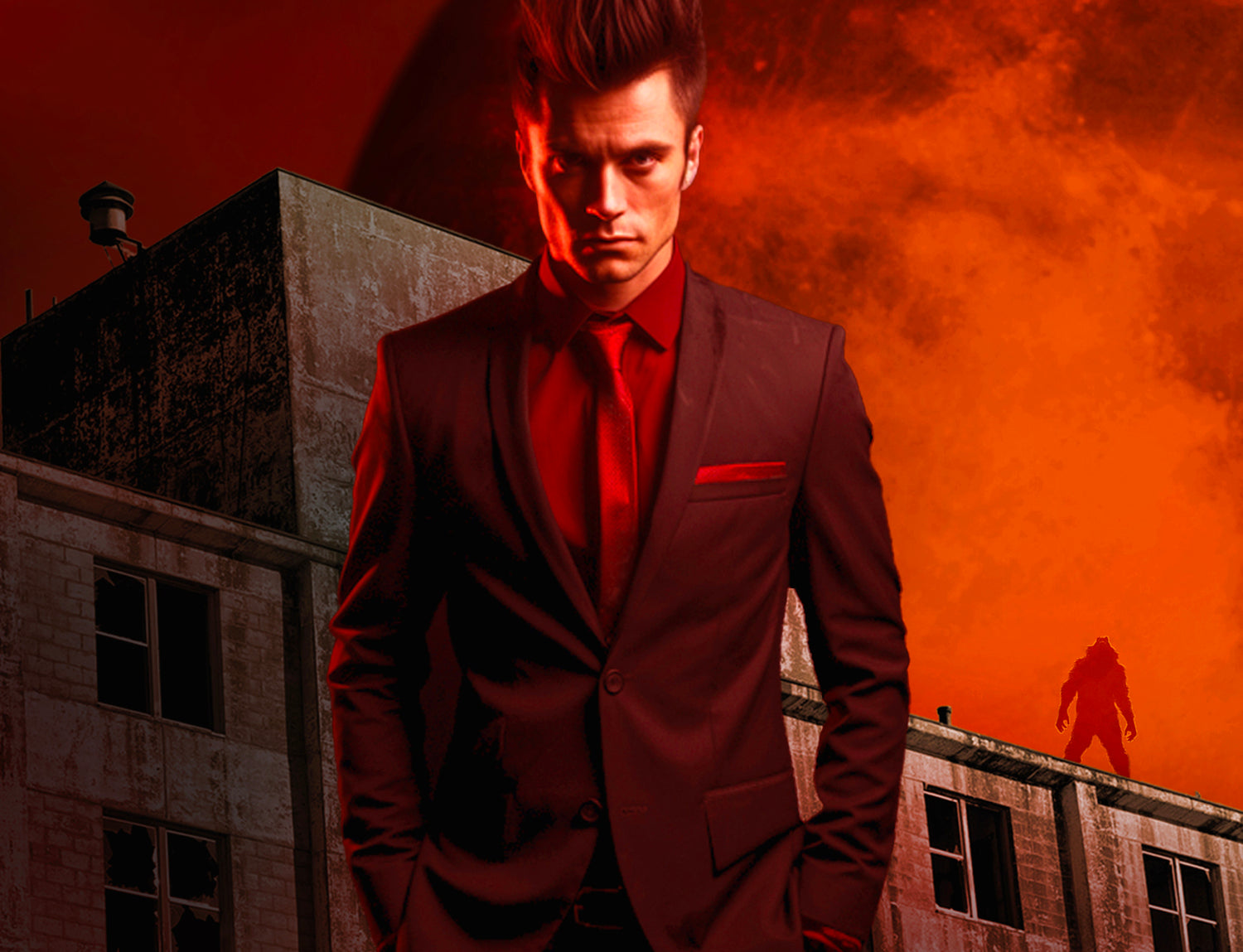 A man stands in a black suite, red shirt, and red tie in front of an abandoned building with the shape of a monstrous person in the background.