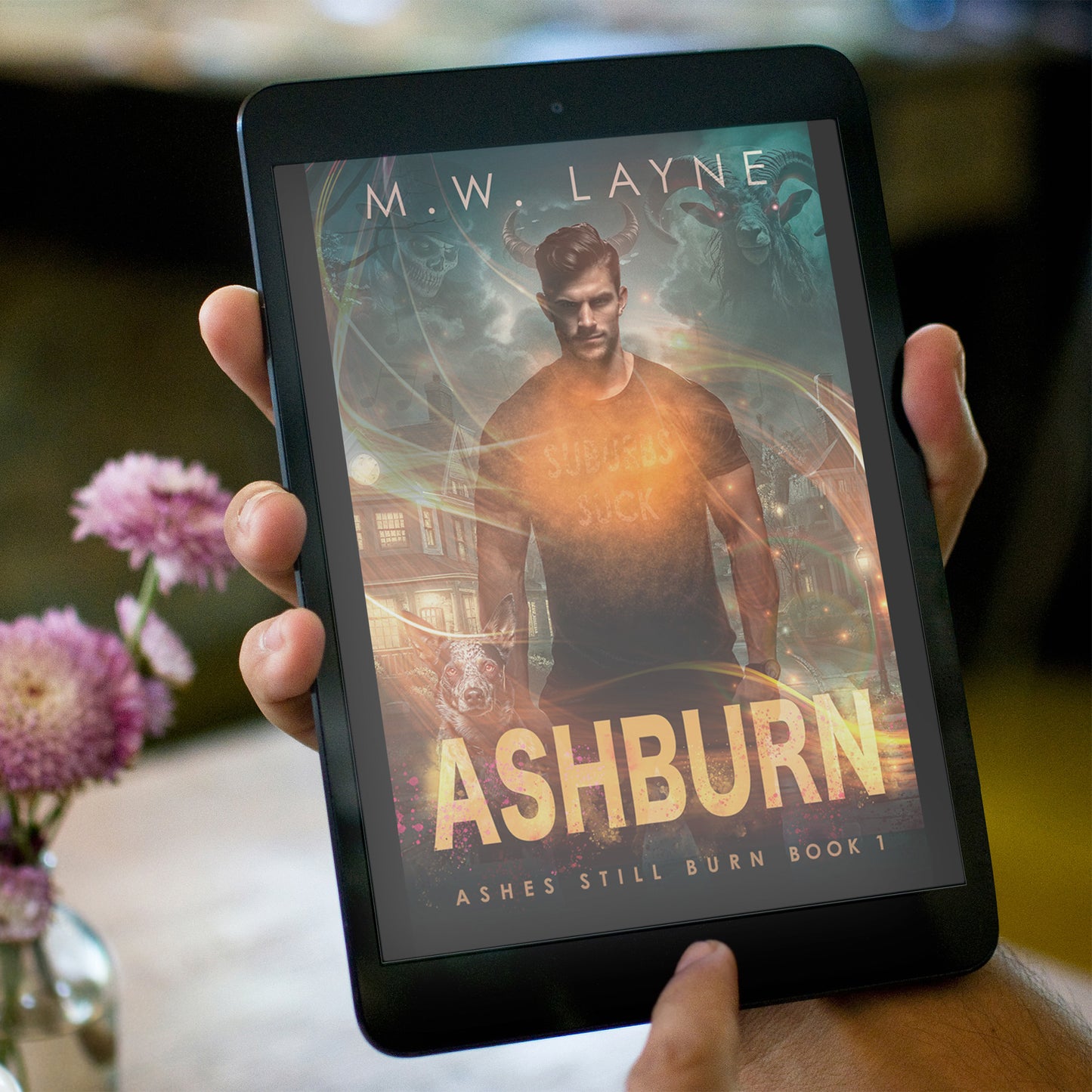 Cover for Ashburn novel shown on mini ipad